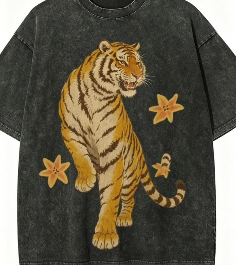 

Vintage Washed Black Tiger TShirt Retro Japanese Ukiyoe Style Streetwear Casual Oversized Animal Graphic Tee for Men Women S