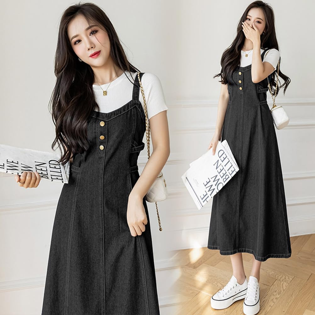 JIYUTOR Denim Jumper Skirt with Solid Back Elastic Midi Plus High Fall Women's Suspenders, Color, Ribbon, V-Neck, Length, Sizes, Waist, Spring,