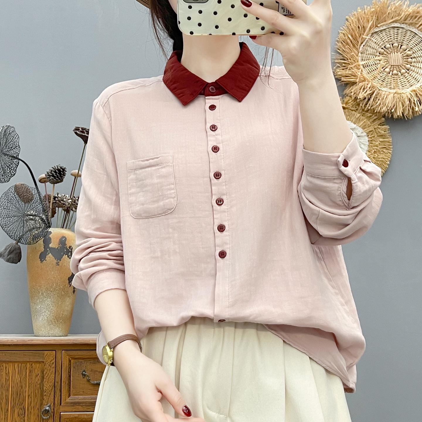 Women s Double-Layer Cotton Long-Sleeve Shirt: Color-Block Collar, Soft, Breathable, Loose Fit, Slimming, Pure Cotton Base Layer. M (best for 100-125 jin)