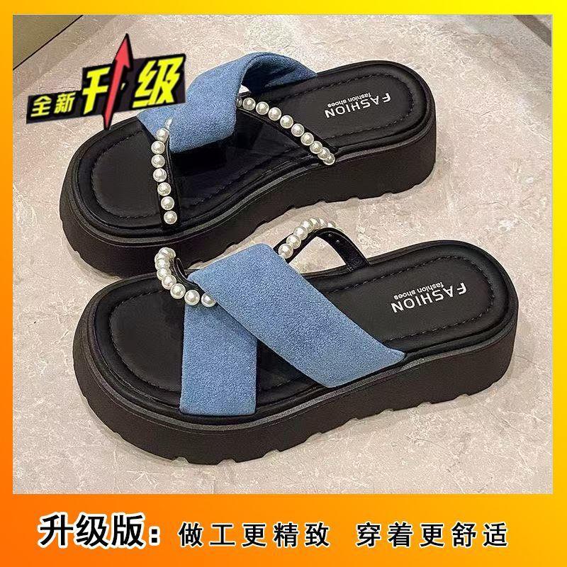 Pearl national style fairy wind girl one-word drag 2025 summer new outer wear with skirt sandals thick-bottomed beach tide slippers