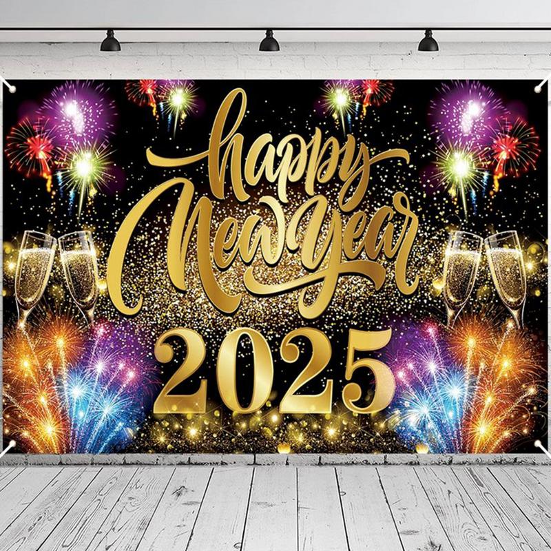2025 Happy New Year Banner New Year Black Gold Party Decoration Background 71 X 43in Photo Backdrop Non-Fade New Year Banners