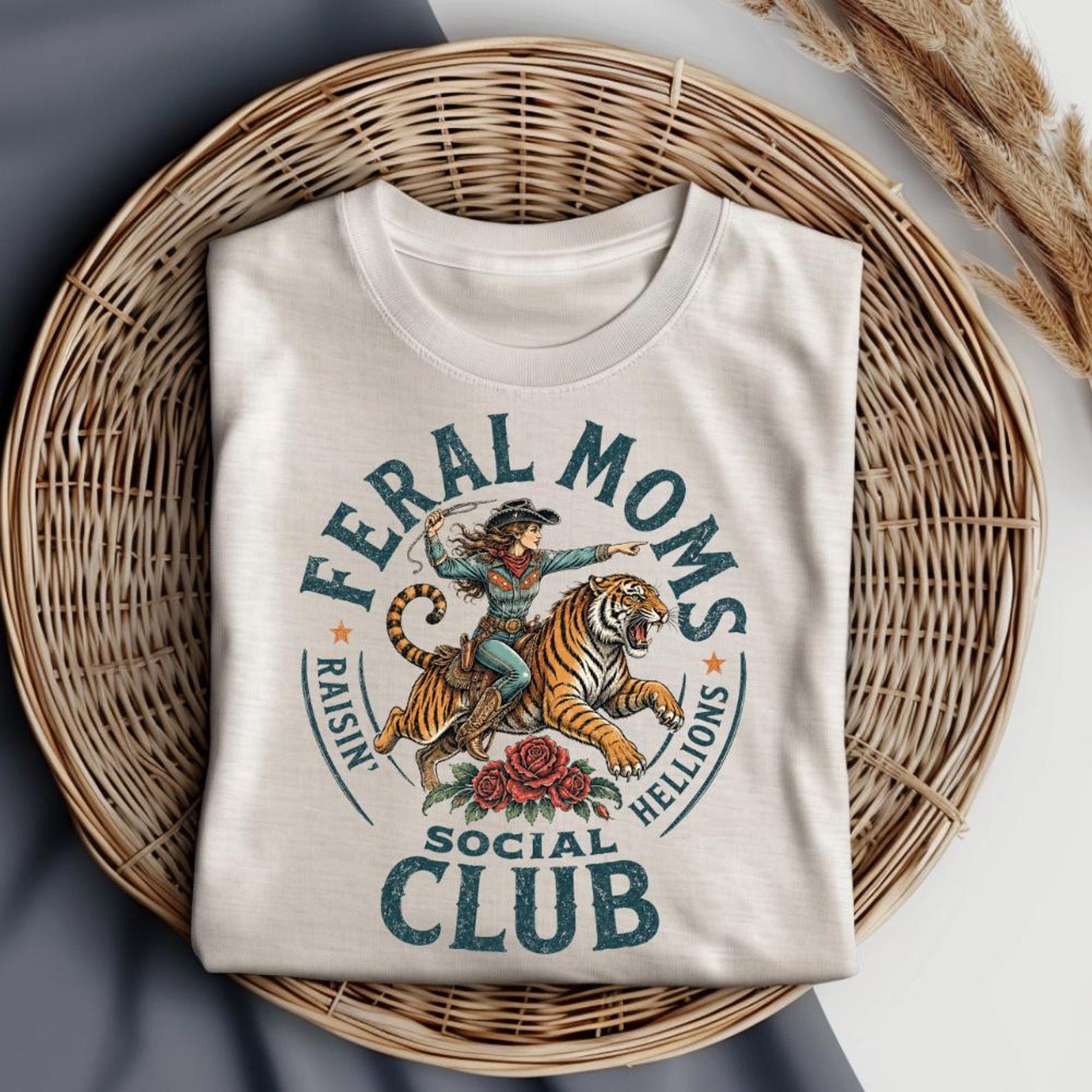 Feral Moms Club Tiger Crest T-Shirt | Retro Animal Illustration, Social Club Graphic L