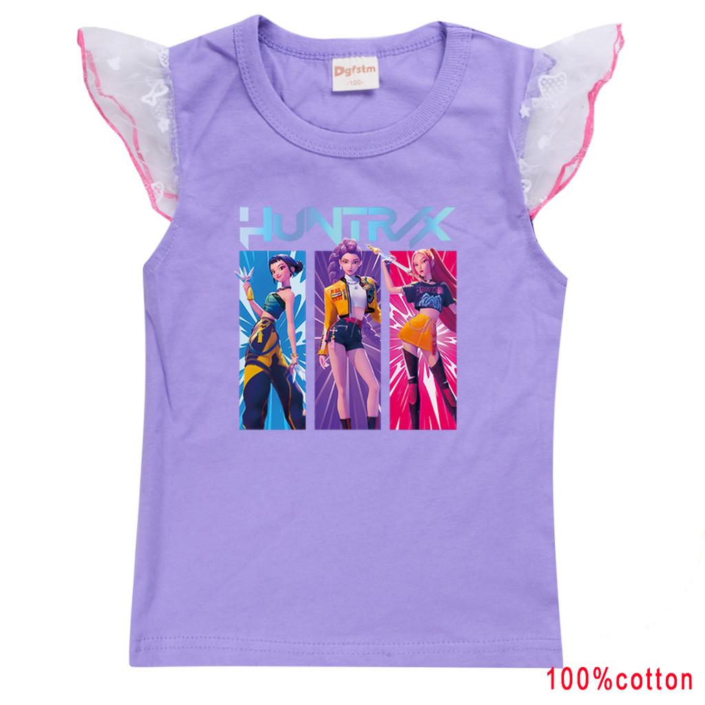Kids Girls Anime Cartoon K-Pop Rumi Singer Super Star Print Mesh Short Sleeves Cotton T-Shirt