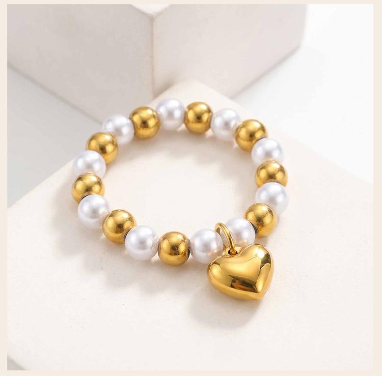 Two-Tone Pearl Ring Heart Charm Elastic Band, 18K Gold Plated Stainless Steel Satellite Bead, Stretchy Y2K Jewelry