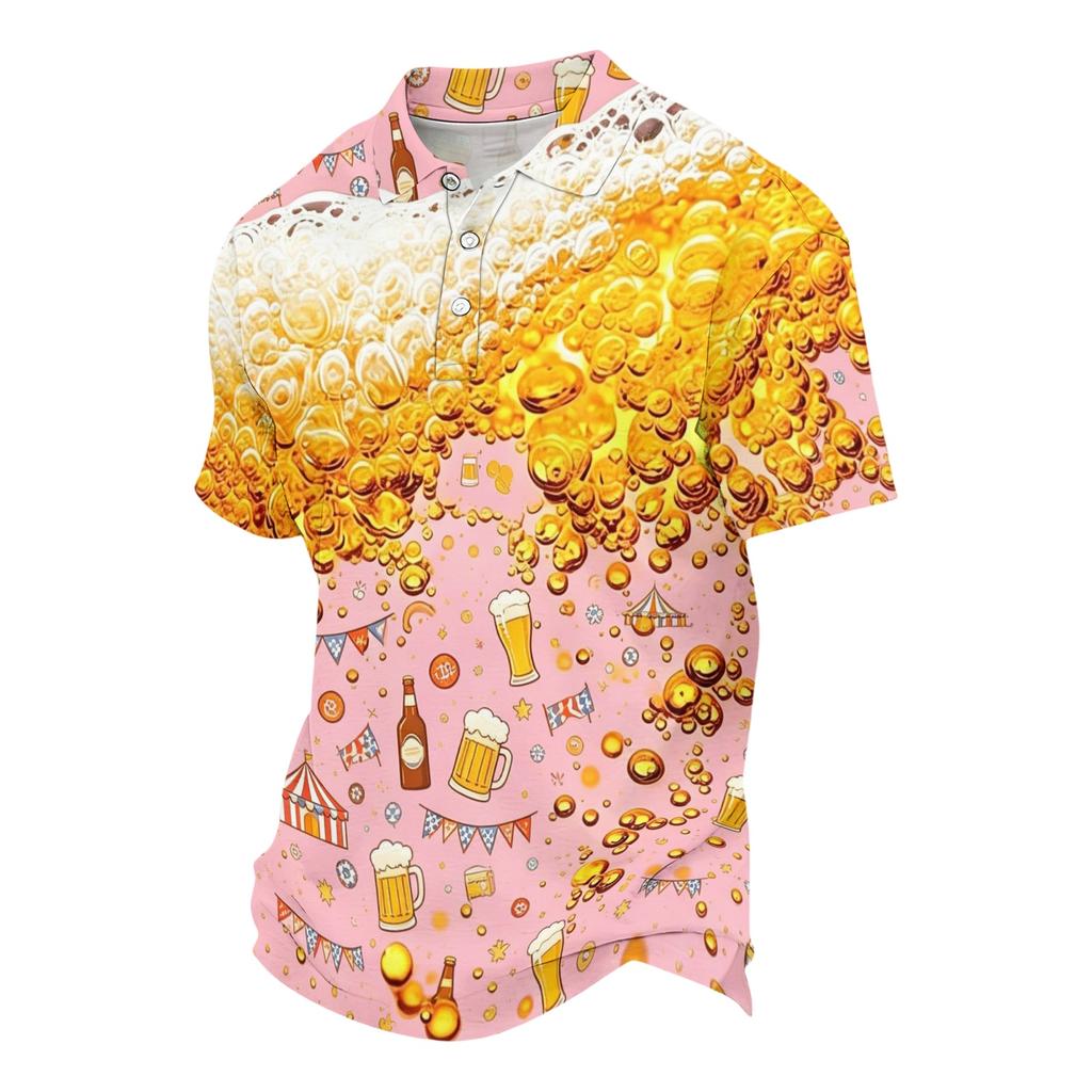 Unisex ležérní polo tričko volného střihu s krátkým rukávem a vzorem inspirovaným pivním festivalem. Lehké prodyšné látky pro každodenní nošení.