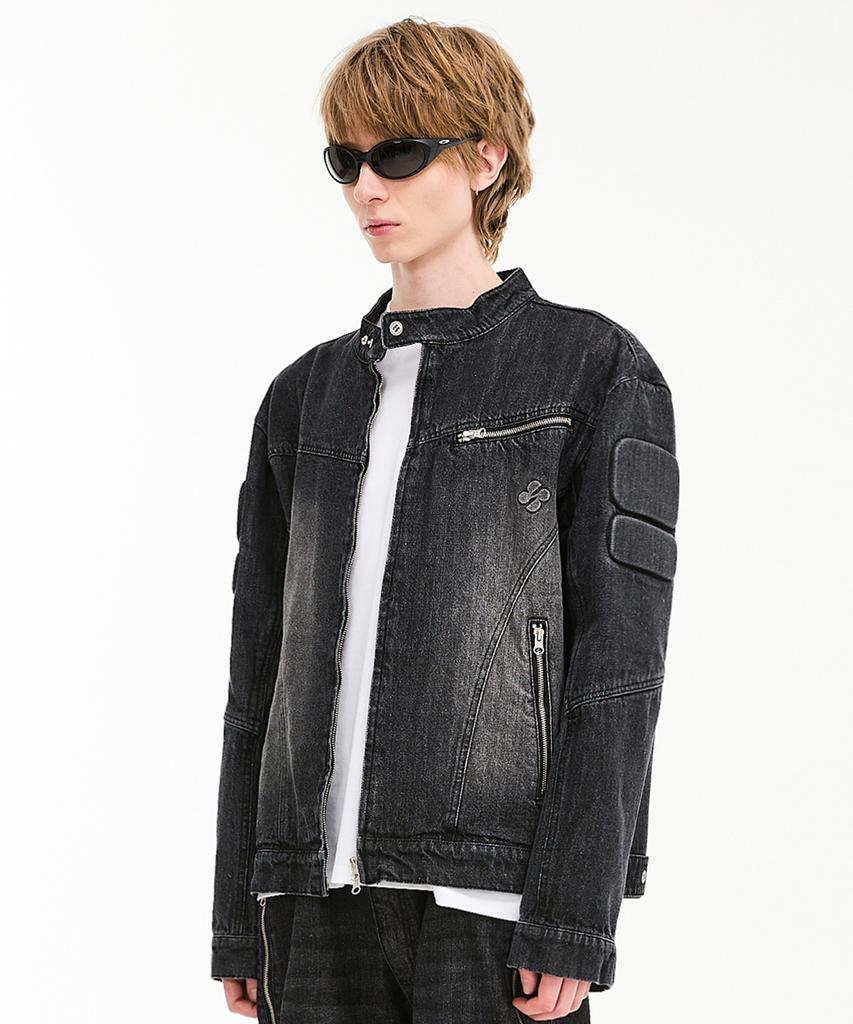 Hoodhood Embossed Denim Biker Jacket Black