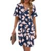 Women's Summer Floral Print Dress Pleated Short Sleeve V-Neck Pocket Casual Dress