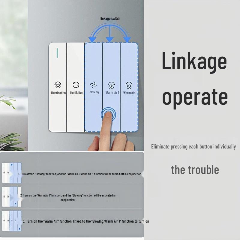 Germany Type 86 Five-in-One Bathroom Fan Heater Switch Panel with Four-Gang and Five-Gang Options