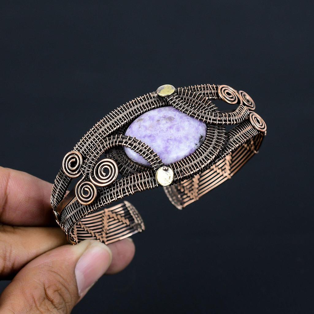 Bijuterii din piatră prețioasă din Thulite roz, învelită manual cu sârmă de cupru, manșetă/brățară pentru cadou