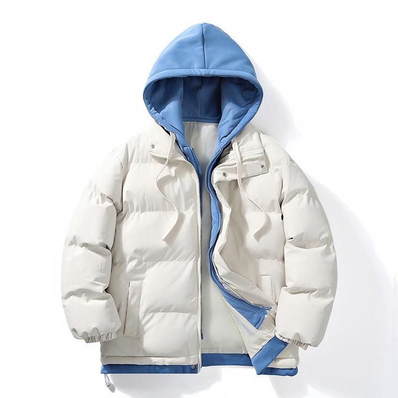 Hong Kong Style Winter Cotton Clothes Fake Two Pieces Trendy Handsome Short Men's Hooded Thickened Cotton-padded Clothes Hooded Loose Men's Insurance