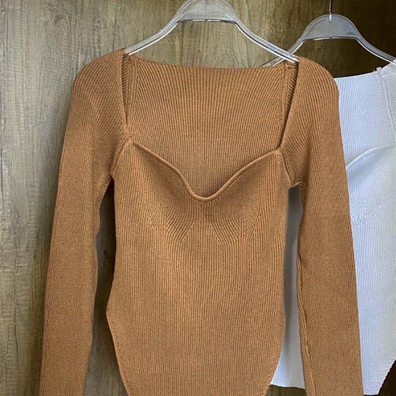 Square Collar Long Sleeve Woman Sweaters Knitted Pullover Wo