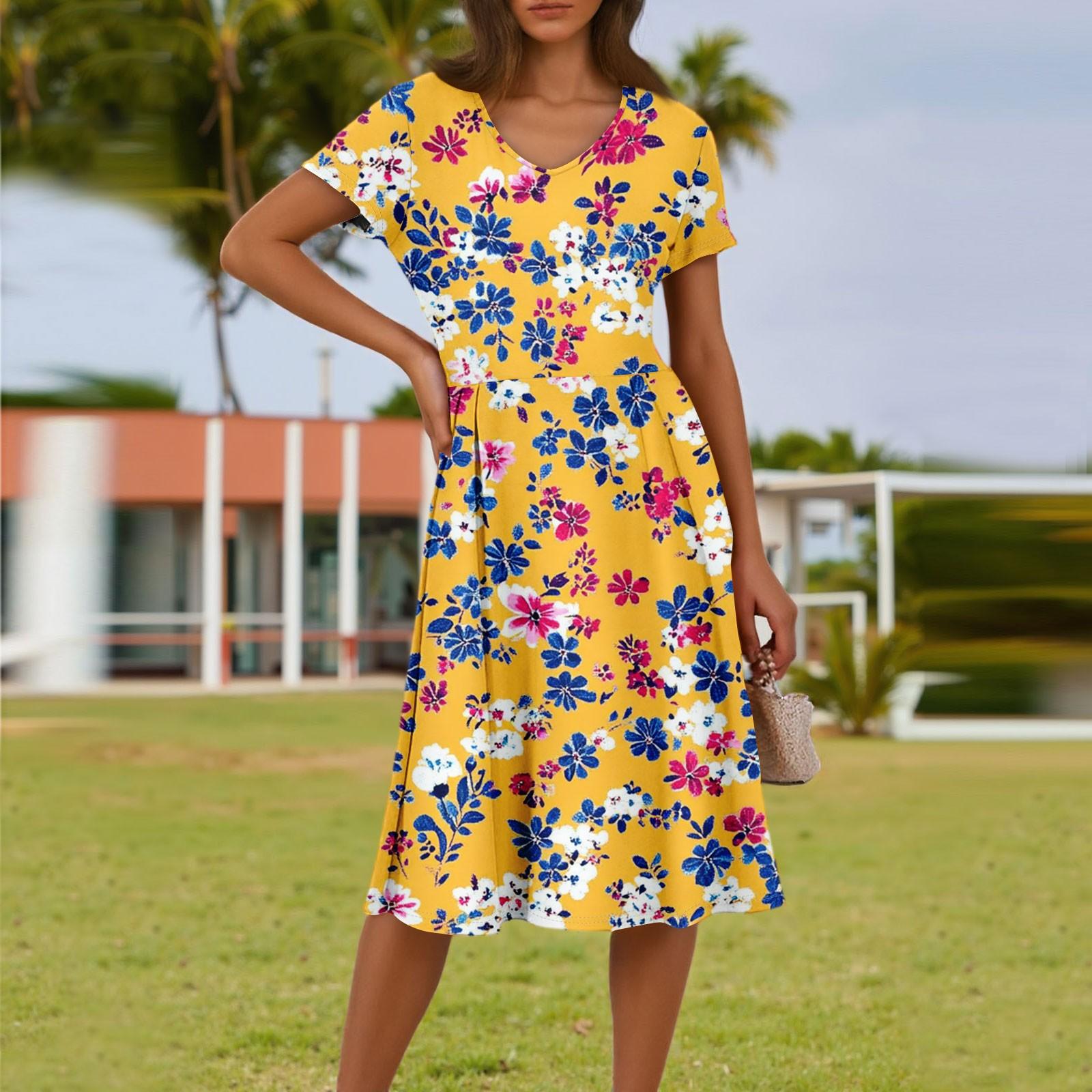 

Женское летнее модное повседневное платье с цветочным принтом, V-образным вырезом, короткими рукавами и карманом XL жёлтый