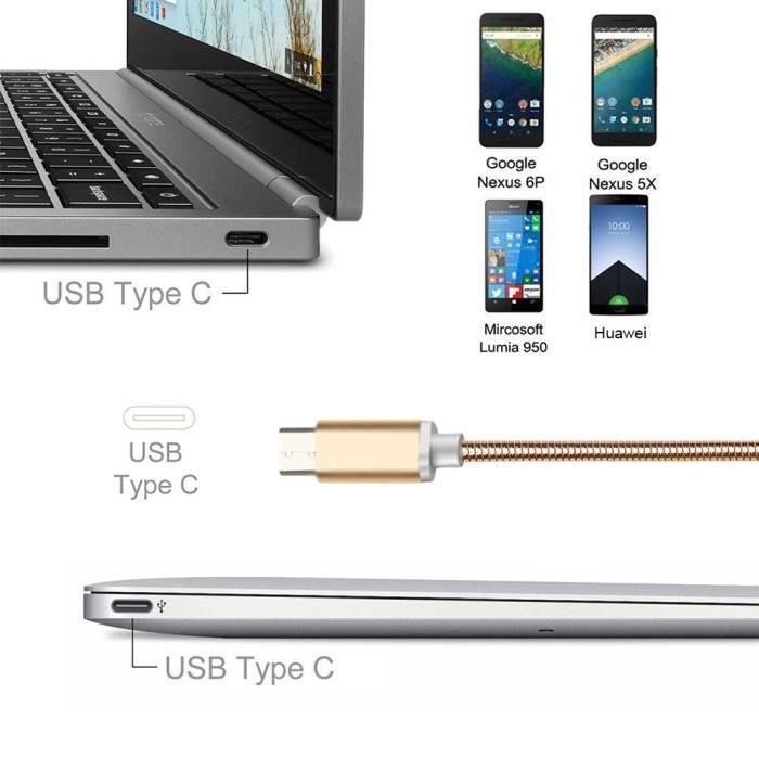 Câble USB Type C - Non spécifié - Lot de 3 - 2M - Nylon Doré - Compatible avec plusieurs smartphones