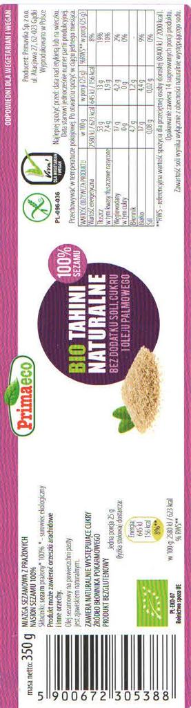 Natural tahini 100% sesame, organic, gluten-free, 350 g, Primavika