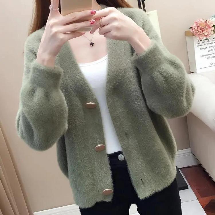 Casaco Cardigan Feminino Curto Solto Primavera Outono Cor Sólida Lã Sintética de Vison Tricotado Botão Suéter