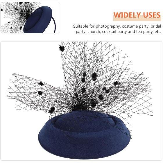 Navy Blue Fascinator Hat with Veil Mesh, Headband and Clip for Women, Dressy Tea Party and Wedding Accessory, Fashionable Cocktail Hat for Special
