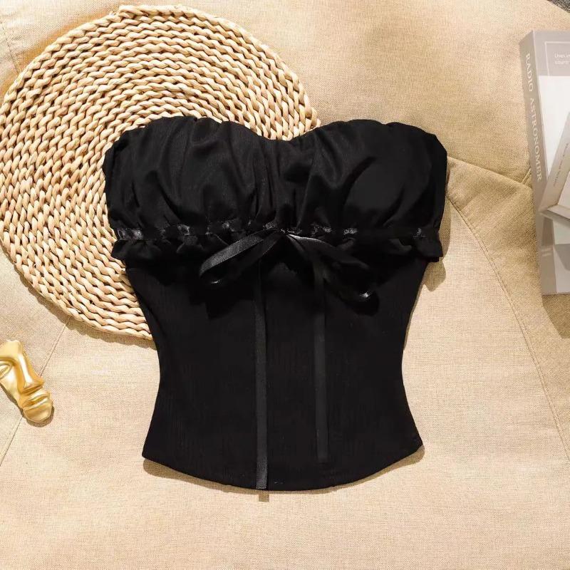 Летний женский топ-бюстье без бретелей, милый декор с бантом, облегающий укороченный рубчатый топ-майка S чёрный