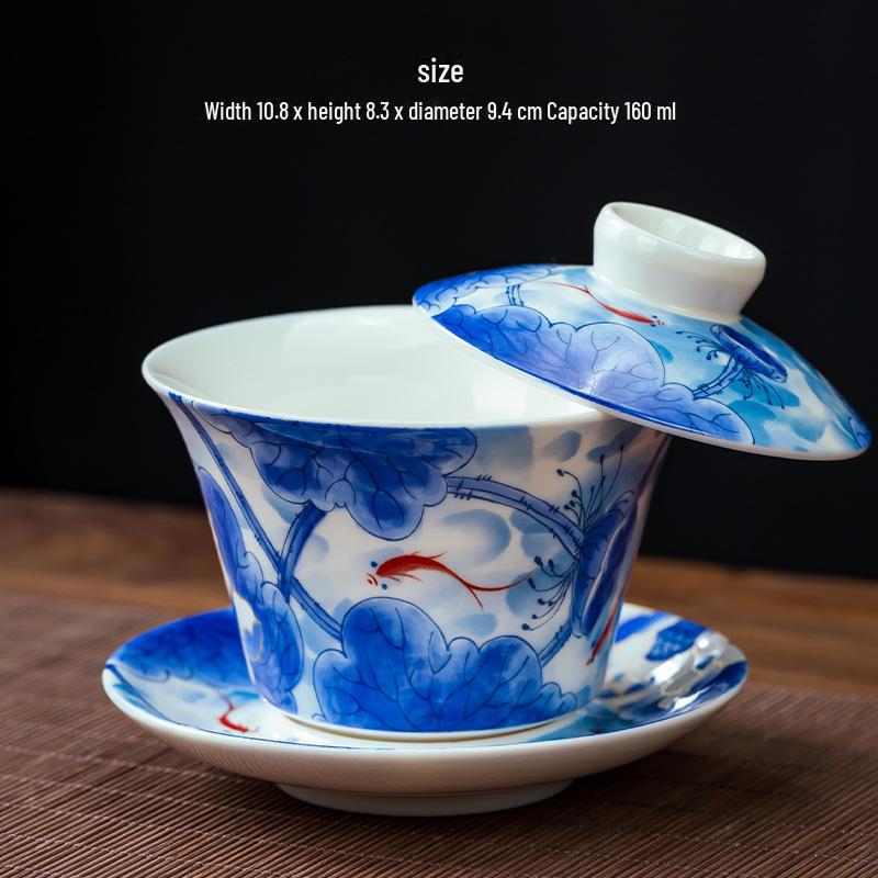 Blue & White Porcelain Covered Kung Fu Tea Bowl - Large Ceramic Sancai Household Set
