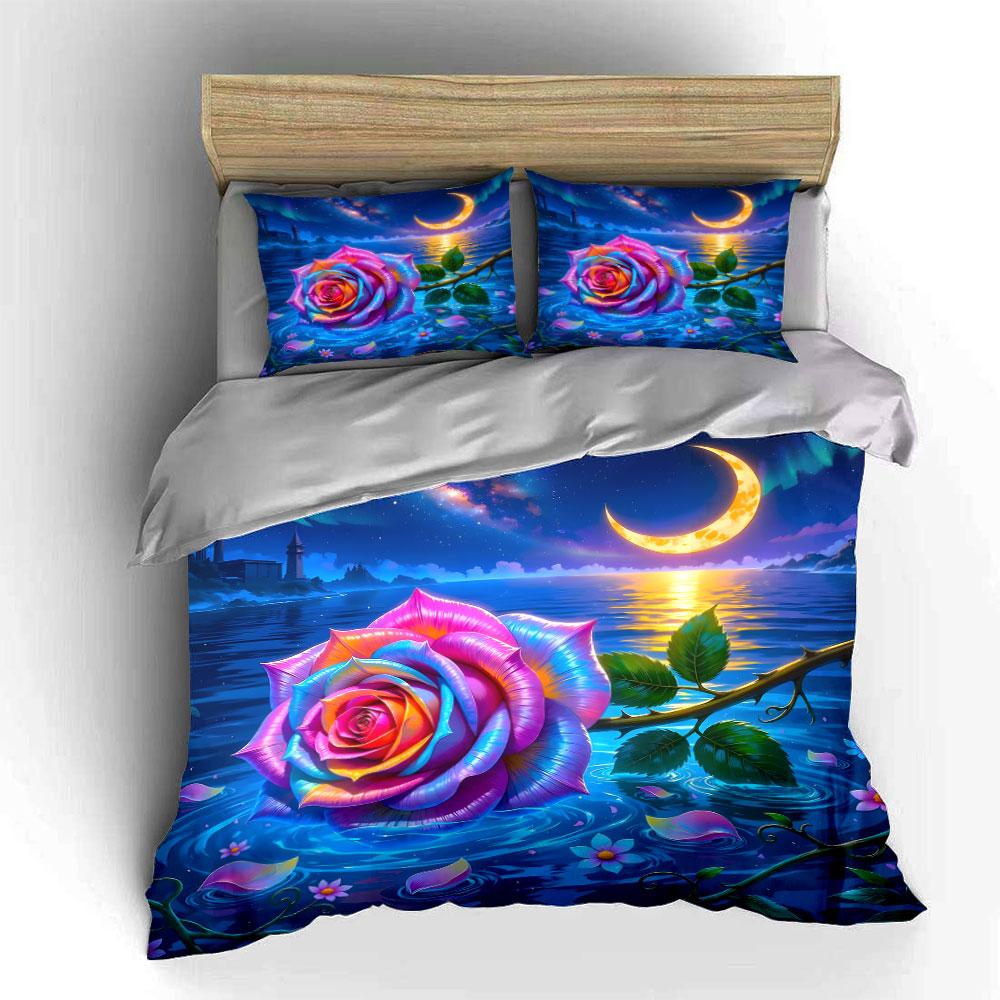 Colorful Rose, Night Sky. Print Bedding Set 1 Duvet Cover 2 Pillowcases For Adult And Children Luxury Gift Full Size