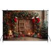 Mocsicka Christmas Background Happy New Year Party Xmas Tree Brick Wall Decoration Adult Children Portrait Photo Backdrop Banner