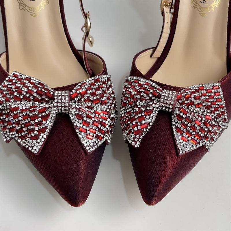 Elegant Ladies Ankle Strap Pumps Crystal Bow Stiletto High Heels Shoes Woman Sexy Pointed Toe Silk Wedding Shoes For Women Bride