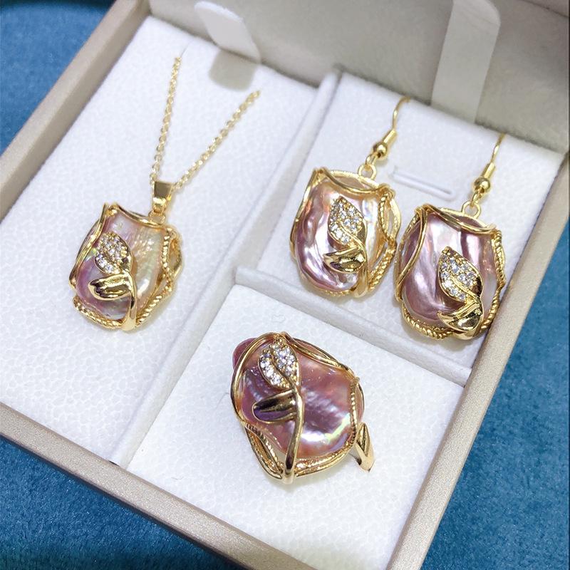 Baroque Freshwater Pearl Necklace, Ring & Earrings Set - Women's Jewelry 3-Piece Collection (bt341)
