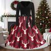 Women's Casual Vintage V-Neck Long Sleeve Dress with Christmas Print