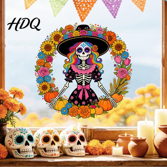 Versatile DIY Window Paster Day of the Dead Sugar Skull Lady Static Cling Día De Los Waterproof PVC Clings Muertos Sunflower Wreath Glass