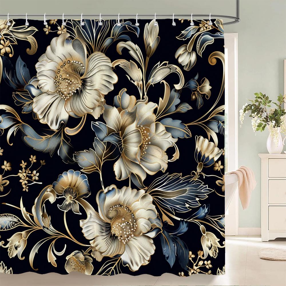 Home shower curtains for bathroom waterproof fabric Black and gold Flower bathroom Curtains with hooks decorative curtain