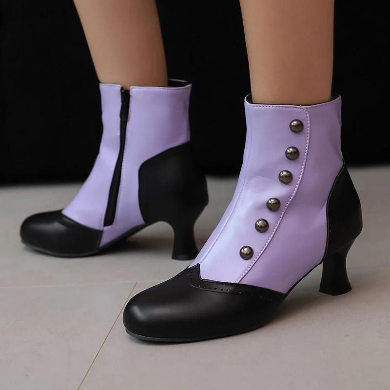 Mixed Colours Ankle Boots Women's Rivets Decor Kitten Heels Shoes Retro 2025 Autumn Winter Footwear