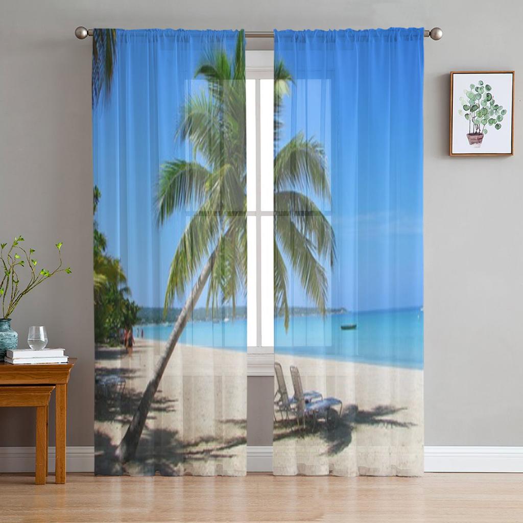 Chairs On Tropical White Sand Beach Sheer Curtain For Living Room Modern Voile Tulle Window Curtains For Bedroom Kitchen Drapes