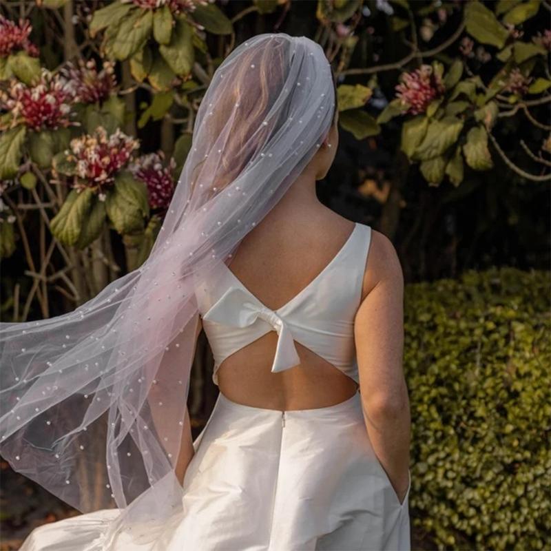 Kathedralenlänge Hochzeitschleier mit künstlichen Perlen Verzierungen Weicher Tüll Brautschleier mit Haarkamm Für Braut 150/200cm