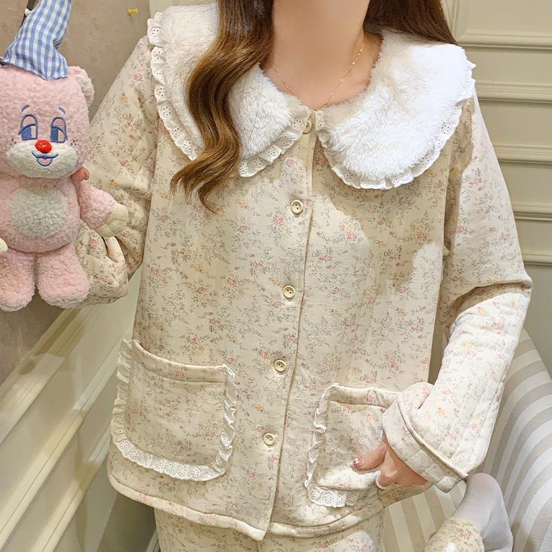 Wumida's new autumn and winter interlayer pajamas women's warm air cotton pastoral floral long-sleeved loungewear set