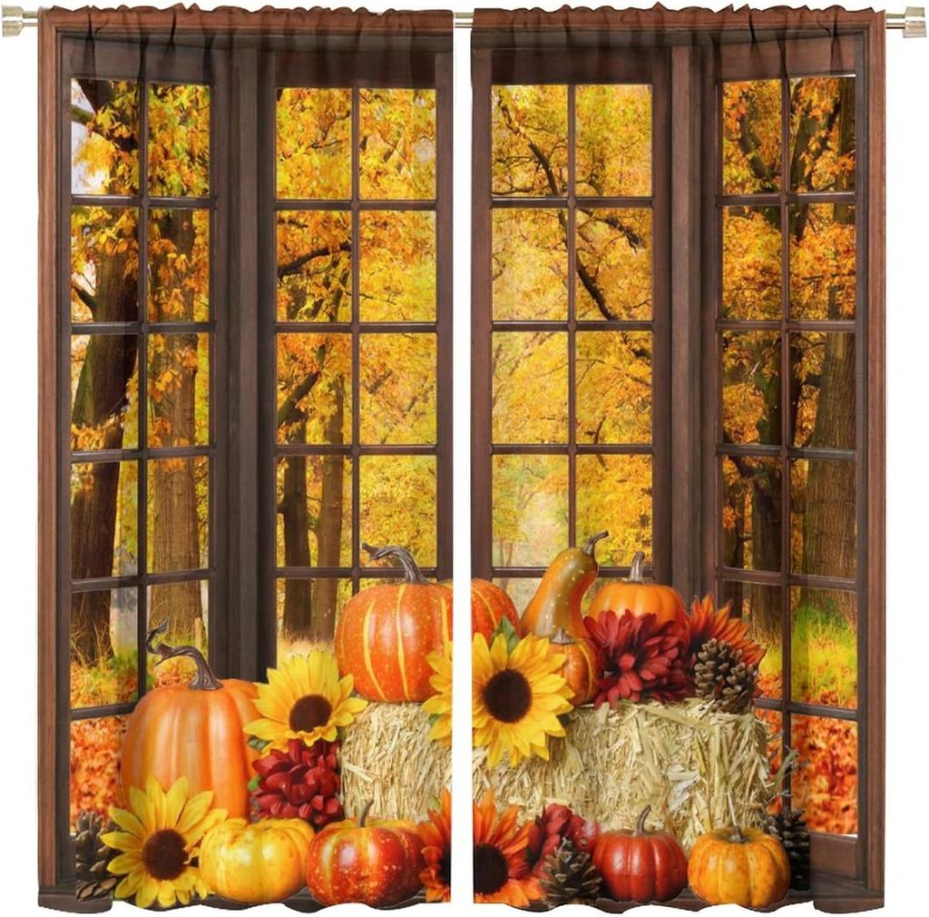 Autumn Leaf Pumpkin Print Curtain Fall Festival Curtains Bedroom Living Room Happy Thanksgiving Decor With Blackout Polyester Perfect For