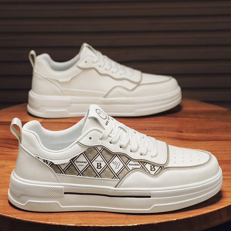 New Shoes for Men Leather Casual Shoes Trend Checked Flat Skateboard Shoes Youth Cool Lace-up Sneaker