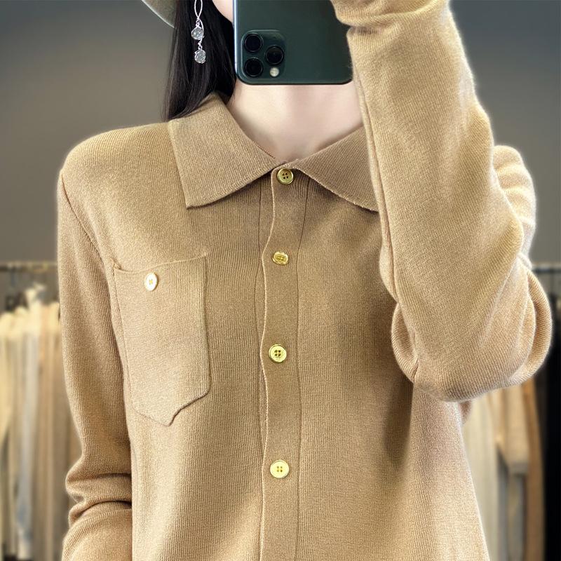 Autumn New Polo Neck Sweater Cardigan Button Niche Design Outside Wear Long Sleeve Knitted Bottom Top