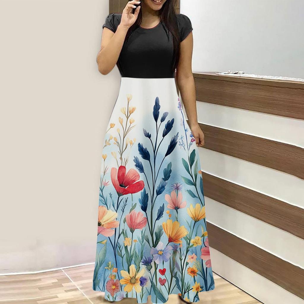 Damenmode Lässig Locker Bedruckt Rundhals Kurzarm Lange Kleider Kurzarm Lange Kleider