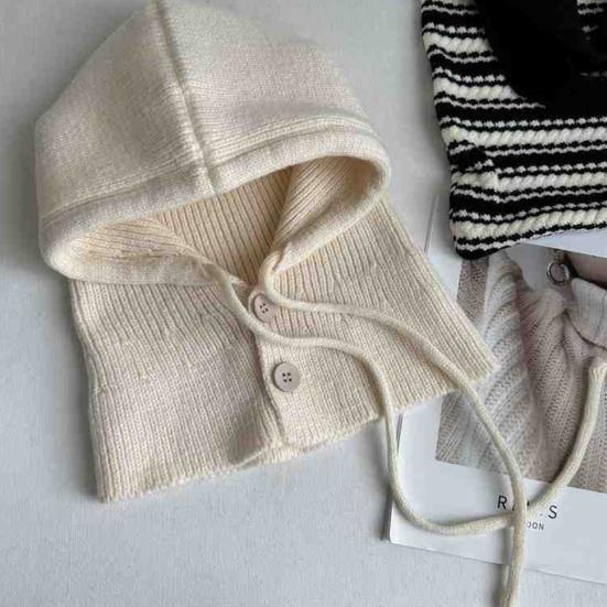 Knitting Hat Solid Color Buttons Closure Drawstring Hooded Scarf Women Winter Warm Windproof Elastic Thermal Hat