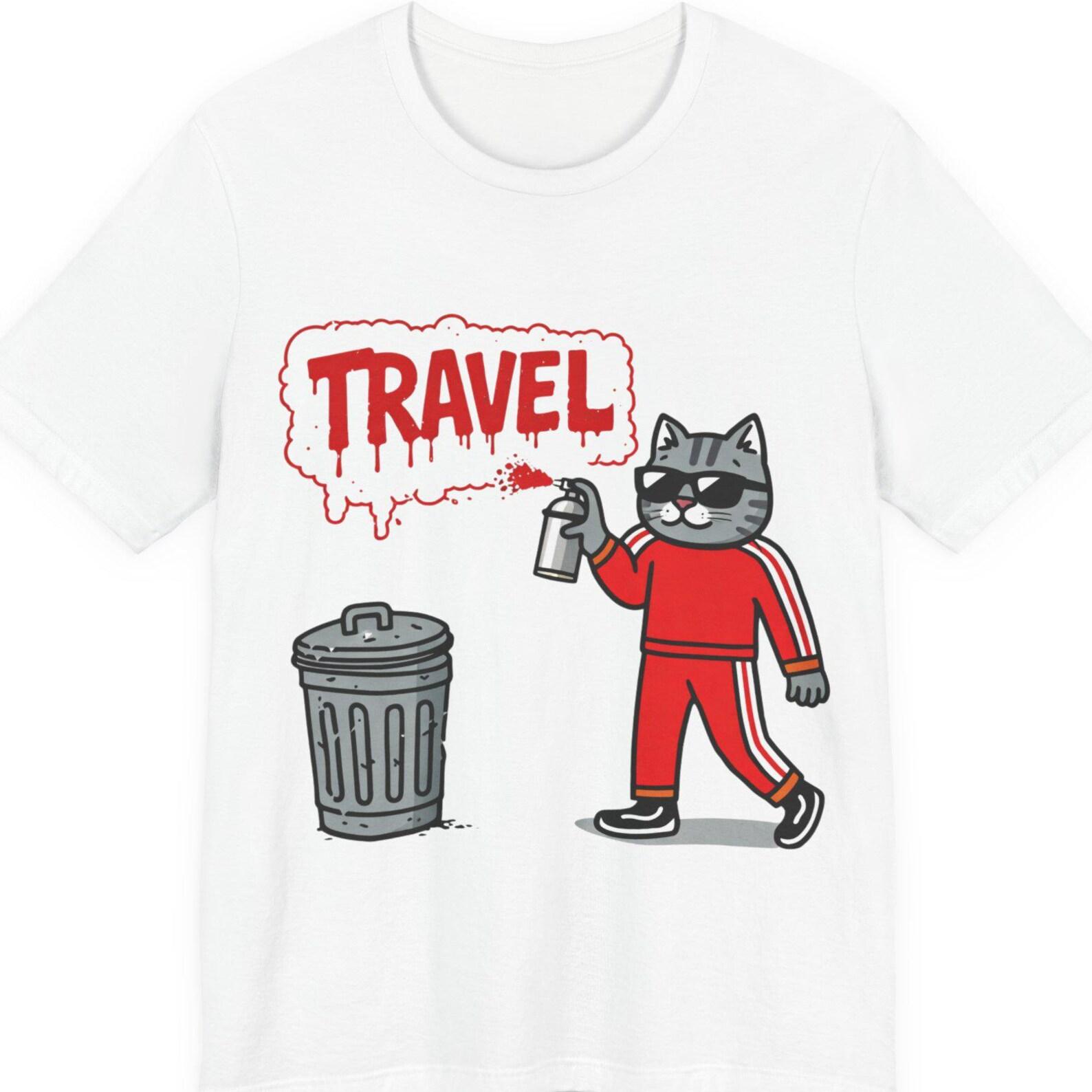 Funny Travel Cat T-Shirt, Street Art Graffiti Graphic Tee, Sarcastic Humor Shirt, Urban Style Cat Lover Gift, Unisex Trendy Tee 4XL
