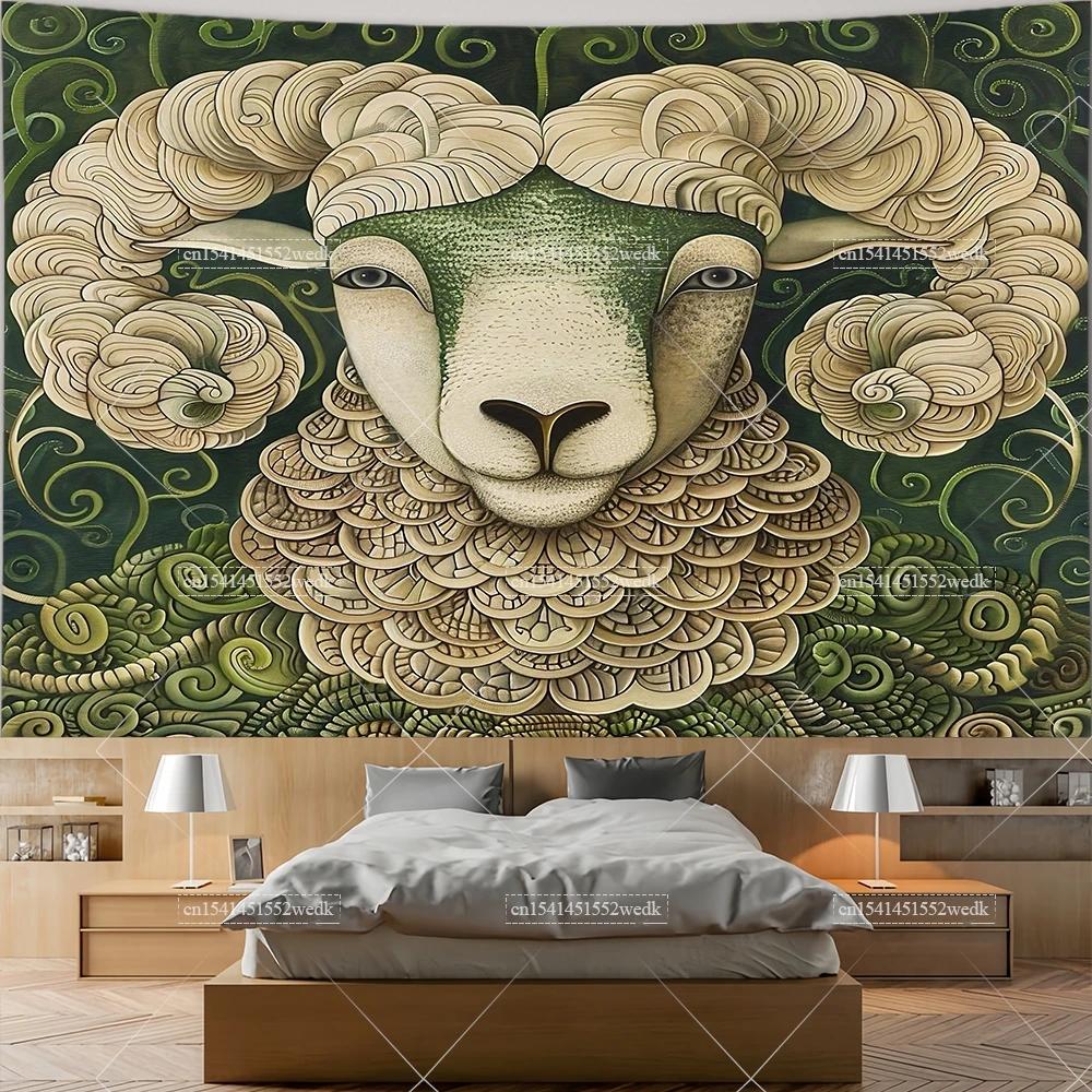 Sheep in Garden Tapestry Wall Hanging Animal Ram Sheep Deer Tapestry Aesthetic Room Decor Wallpapers For Bedroom Paintings