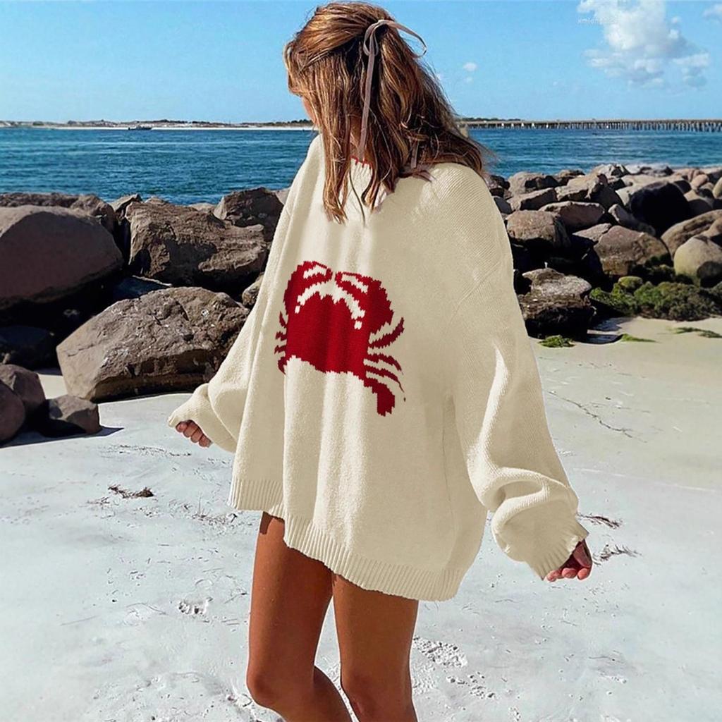 2025 Fashion New Crab Print Pattern Round Neck Shoulder Long Sleeve Plus Size Loose Sweater