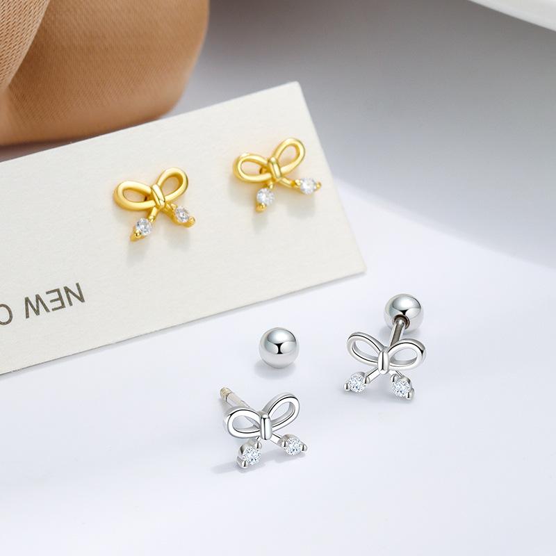 S925 Sterling Silver Inlaid Zircon Bow Screw Earrings Korean Simple Fashionable Sweet Temperament Earrings for Women
