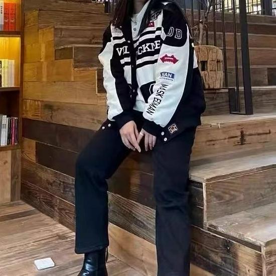 Men's Retro Embroidered Baseball Motorcycle Jacket for Couples