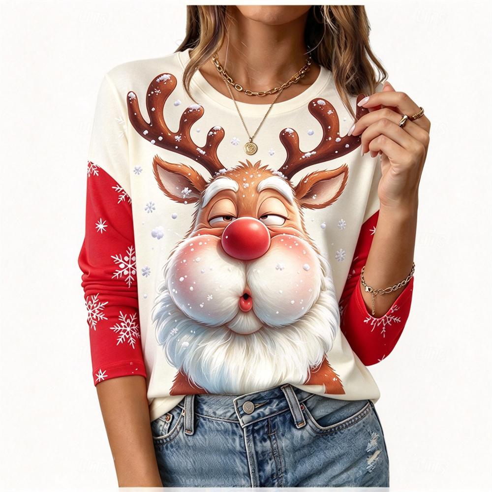 Funny Elk T-shirt Autumn/Winter Women's Christmas Long sleeved T-shirt Cotton Women Christmas Holiday Party Graphic T-shirt Tops