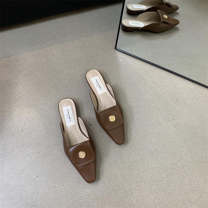 2025 spring and summer new metal buckle pointed head thin flat bottom slippers bag head half drag soft leather comfortable flat heel women's shoes