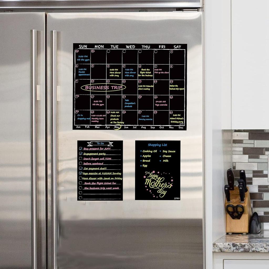 Magnetic Chalkboard Monthly Calendar with neon Bright Liquid Chalk Markers – Black Refrigerator Monthly Planning Board w/Bonus - Grocery List and