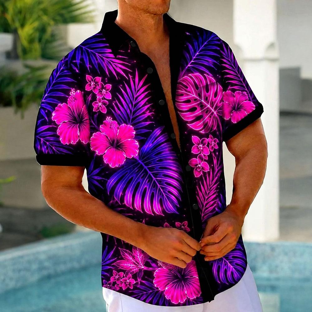 Men's Tropical Flowers Palm Leaf Neon Glow Shirt Summer Hawaiian Shirt Tropical Shirts