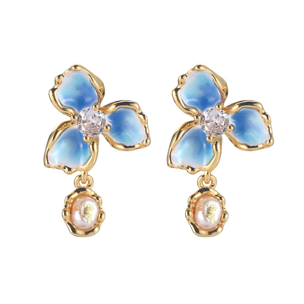 Flower Pearl Stud Earrings Enamel Oil Dripping Flower Mini Love Mori Design Sense Light Luxury Earrings Women