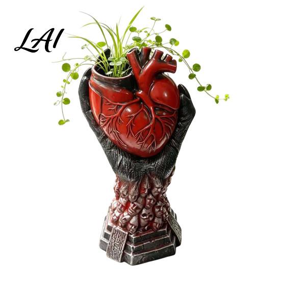 Skull Base Ornament Hand Holding Human Heart Organ Vase Gothic Anatomical Shaped Planter Spooky Halloween Desktop Flower Pot for Living Room