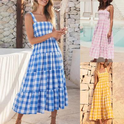 Women's Casual Midi Dress  Everyday Sleeveless Loose Boho Plaid Dress Summer Beach Sundress